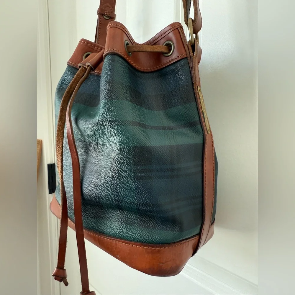 Vintage Polo RALPH LAUREN Green Tartan Plaid Leather Drawstring Bucket Bag 90s - Picture 2 of 16